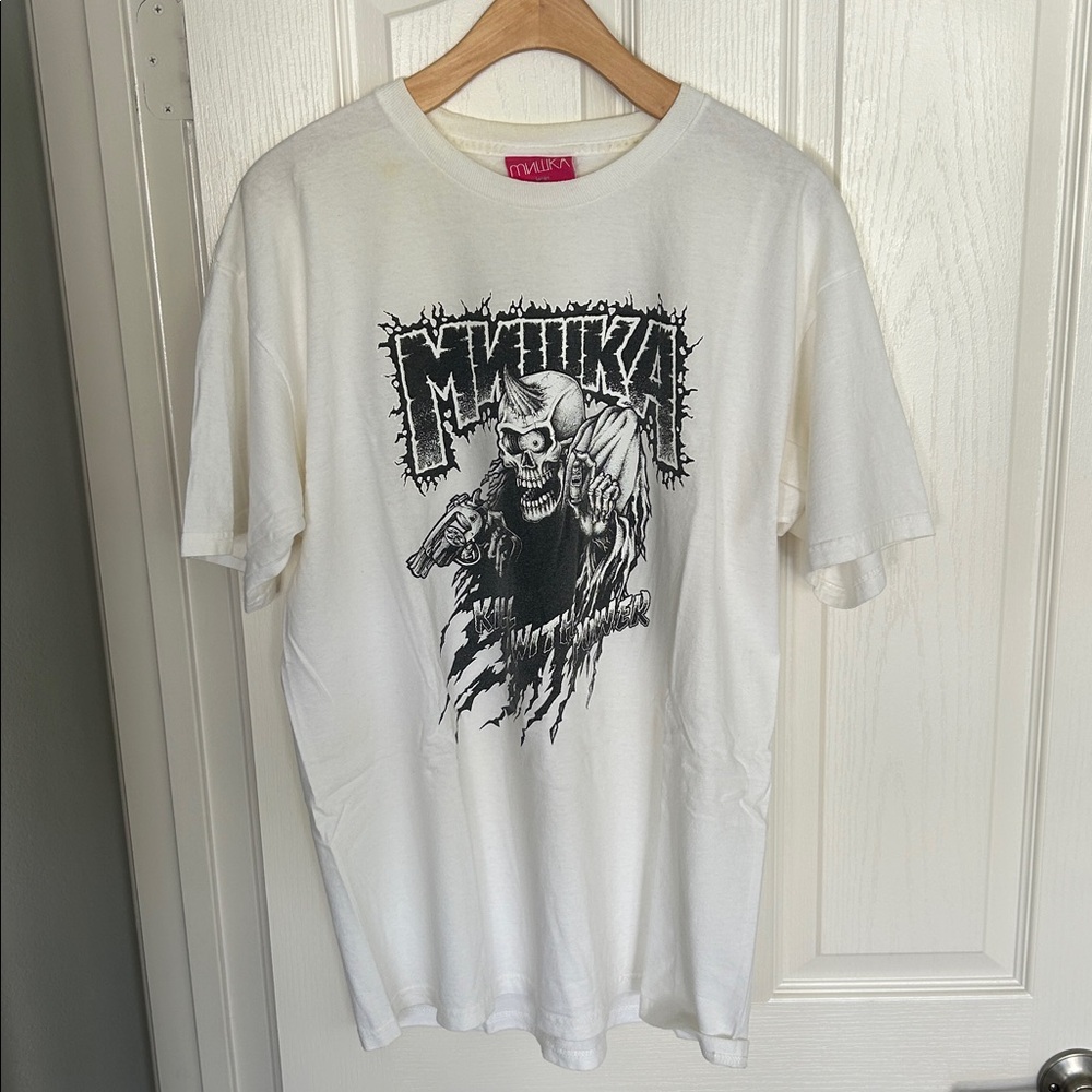 Mishka Large White Tee with Black Skull Graphic